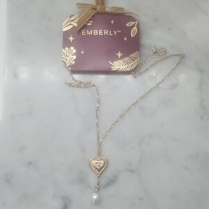 NWT Long Gold Heart Necklace with Pearl Accent